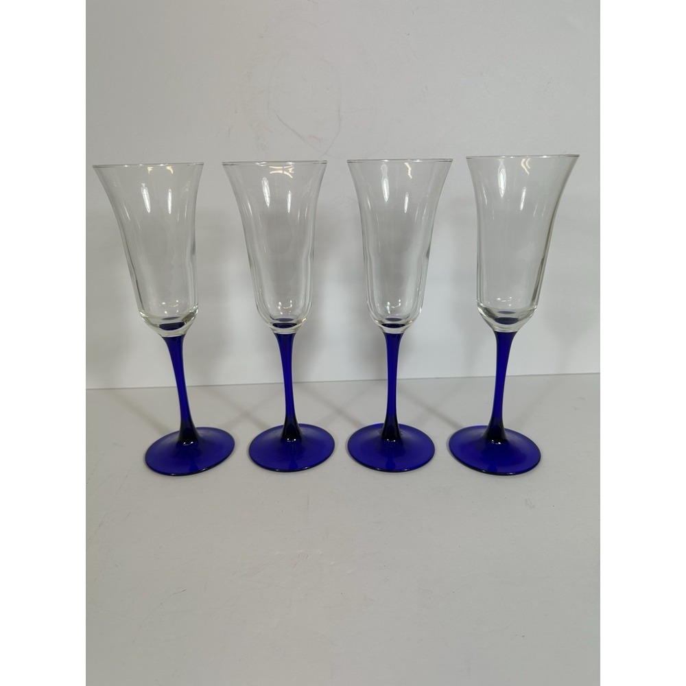 Cristal D'Arques Glasses Americana Blue Stem Champagne‎ Flutes Flared Set Of 4